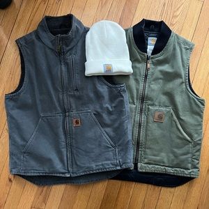 Two Carhartt Vests 1 fleece 1 quilted lined + knit hat green vest vintage